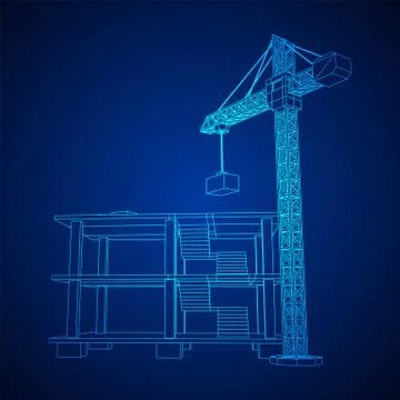 Building under construction with crane wireframe Ilustración de archivo