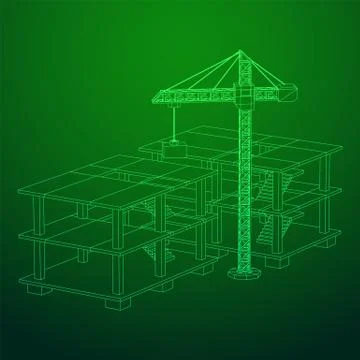Building under construction with crane wireframe Ilustración de archivo