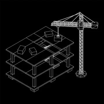 Building under construction with crane wireframe Ilustración de archivo