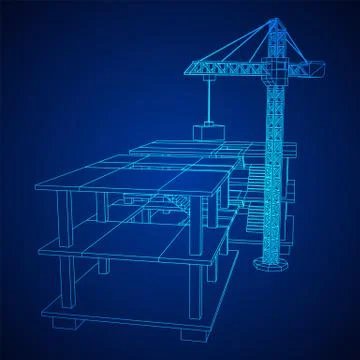 Building under construction with crane wireframe Ilustración de archivo