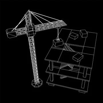 Building under construction with crane wireframe Ilustración de archivo