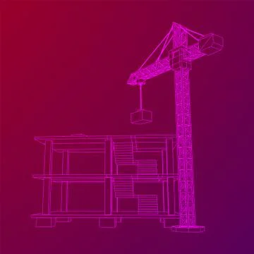 Building under construction with crane wireframe Ilustración de archivo