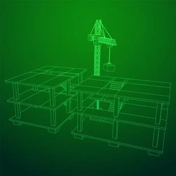 Building under construction with crane wireframe Ilustración de archivo