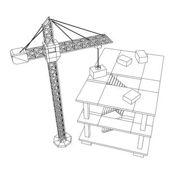Building under construction with crane wireframe Ilustración de archivo