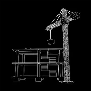 Building under construction with crane wireframe Ilustración de archivo