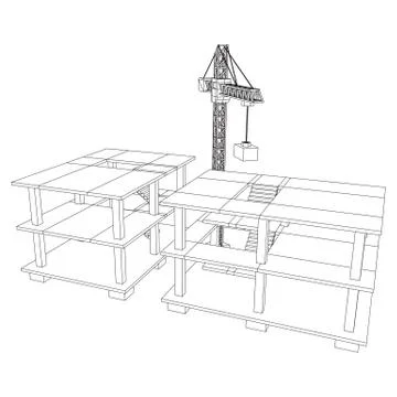Building under construction with crane wireframe Ilustración de archivo