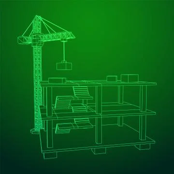Building under construction with crane wireframe Ilustración de archivo