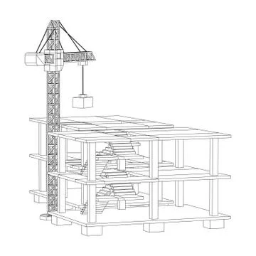 Building under construction with crane wireframe Ilustración de archivo