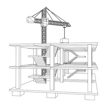 Building under construction with crane wireframe Ilustración de archivo