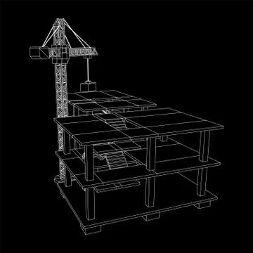 Building under construction with crane wireframe Ilustración de archivo