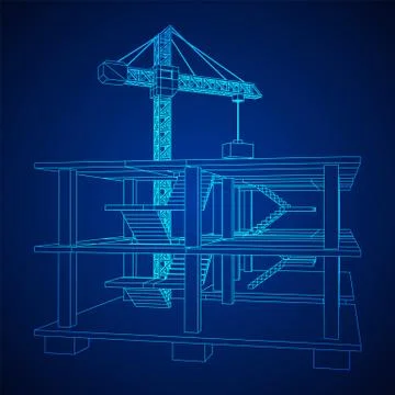 Building under construction with crane wireframe Ilustración de archivo