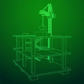 Building under construction with crane wireframe Ilustración de archivo