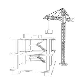 Building under construction with crane wireframe Ilustración de archivo