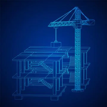 Building under construction with crane wireframe Ilustración de archivo