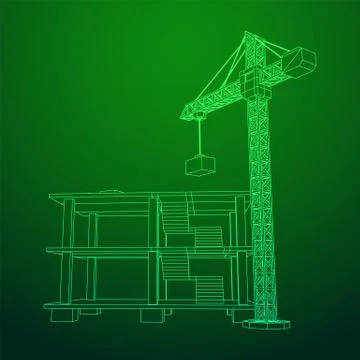 Building under construction with crane wireframe Ilustración de archivo