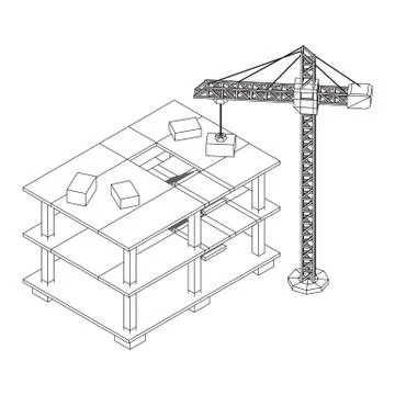 Building under construction with crane wireframe Stock Illustration