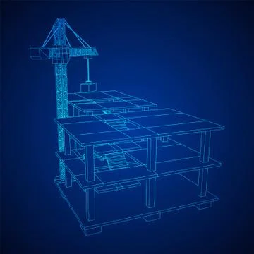 Building under construction with crane wireframe Ilustración de archivo