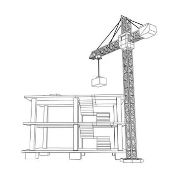 Building under construction with crane wireframe Ilustración de archivo
