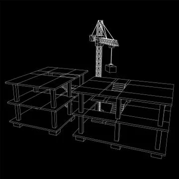 Building under construction with crane wireframe Ilustración de archivo