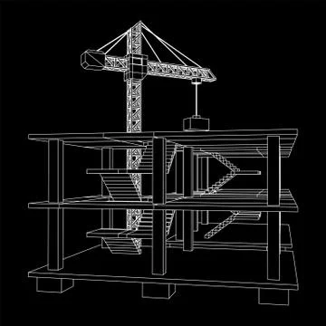 Building under construction with crane wireframe Ilustración de archivo