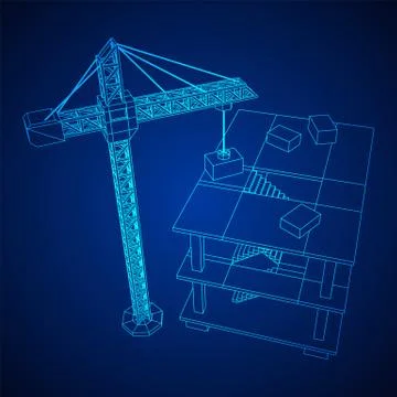 Building under construction with crane wireframe Ilustración de archivo