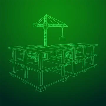 Building under construction with crane wireframe Ilustración de archivo