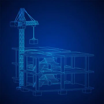 Building under construction with crane wireframe Ilustración de archivo