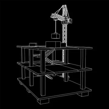 Building under construction with crane wireframe Ilustración de archivo
