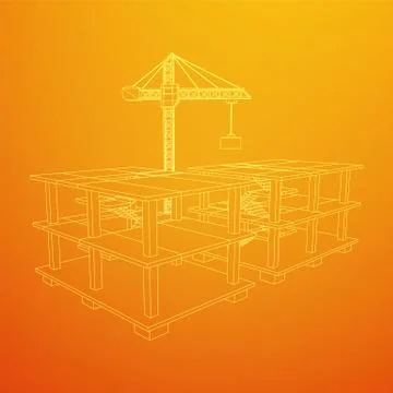 Building under construction with crane wireframe Ilustración de archivo
