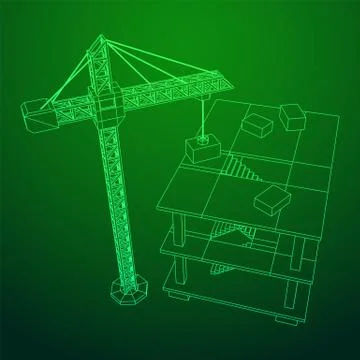 Building under construction with crane wireframe Ilustración de archivo