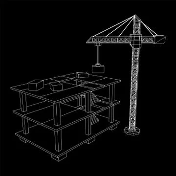 Building under construction with crane wireframe Ilustración de archivo