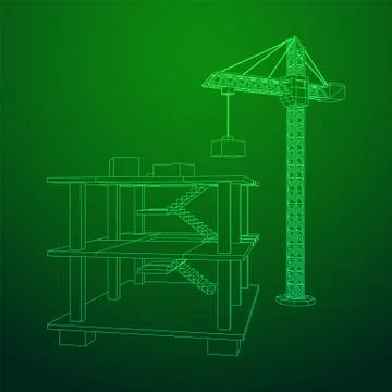 Building under construction with crane wireframe Ilustración de archivo