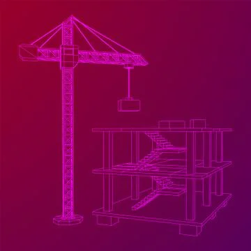 Building under construction with crane wireframe Ilustración de archivo