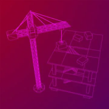 Building under construction with crane wireframe Ilustración de archivo