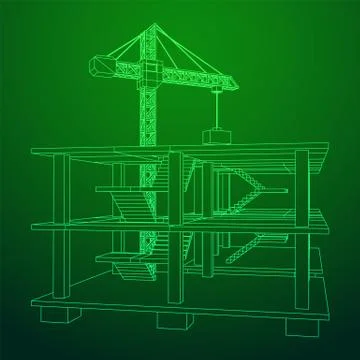 Building under construction with crane wireframe Ilustración de archivo