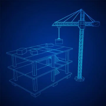Building under construction with crane wireframe Ilustración de archivo