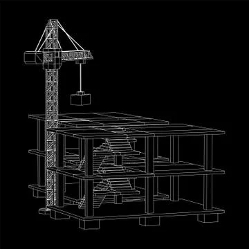 Building under construction with crane wireframe Ilustración de archivo