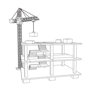 Building under construction with crane wireframe Ilustración de archivo
