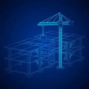 Building under construction with crane wireframe Ilustración de archivo