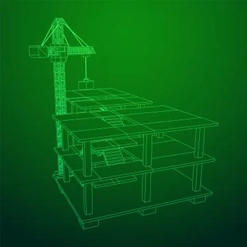 Building under construction with crane wireframe Ilustración de archivo