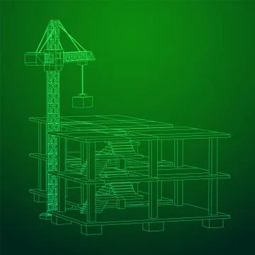 Building under construction with crane wireframe Ilustración de archivo