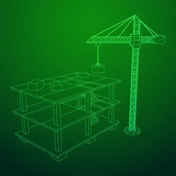 Building under construction with crane wireframe Ilustración de archivo