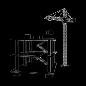 Building under construction with crane wireframe Ilustración de archivo
