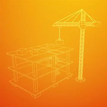 Building under construction with crane wireframe Ilustración de archivo