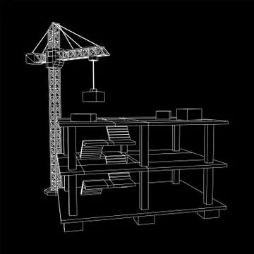 Building under construction with crane wireframe Ilustración de archivo