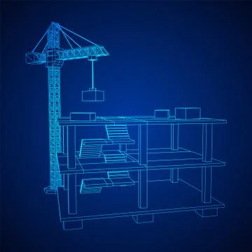 Building under construction with crane wireframe Stock Illustration