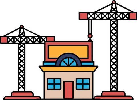 A building under construction with cranes in the background Ilustración de archivo