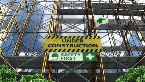 Building under construction with scaffolding and signboard. Stock Footage 104783394