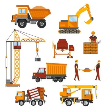 Building under construction, workers and construction technic vector Stock Illustration