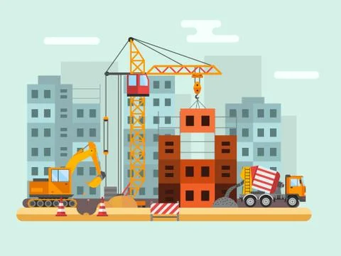 Building under construction, workers and construction technical vector Ilustración de archivo